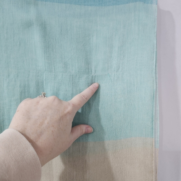 Talbots Sheer Scarf Teal Tan Stripe Tassels Preppy Classic - Picture 3 of 5